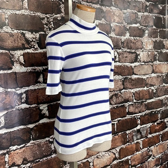 CLOSED Italy Knit Top Mock Neck T-Shirt White Blue Stripes Small - Picture 10 of 11